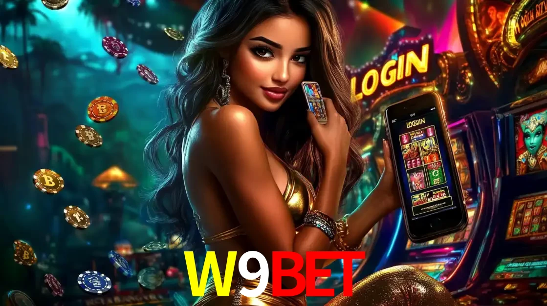 Mulher em um cenário de cassino temático de aventura, mostrando o app de caça-níqueis da W9BET no celular. Fichas de apostas flutuam ao redor.