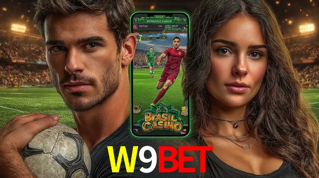 Homem segurando uma bola de futebol e uma mulher ao lado de um smartphone exibindo o jogo de apostas esportivas da W9BET. Faça seu palpite no cassino online.